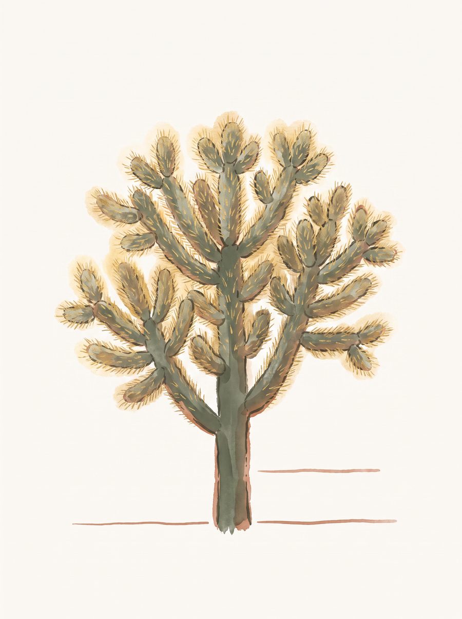 Illustration of a teddy bear cholla — a small tree-form cactus with a dark trunk and glowing gold-spined branching segments.