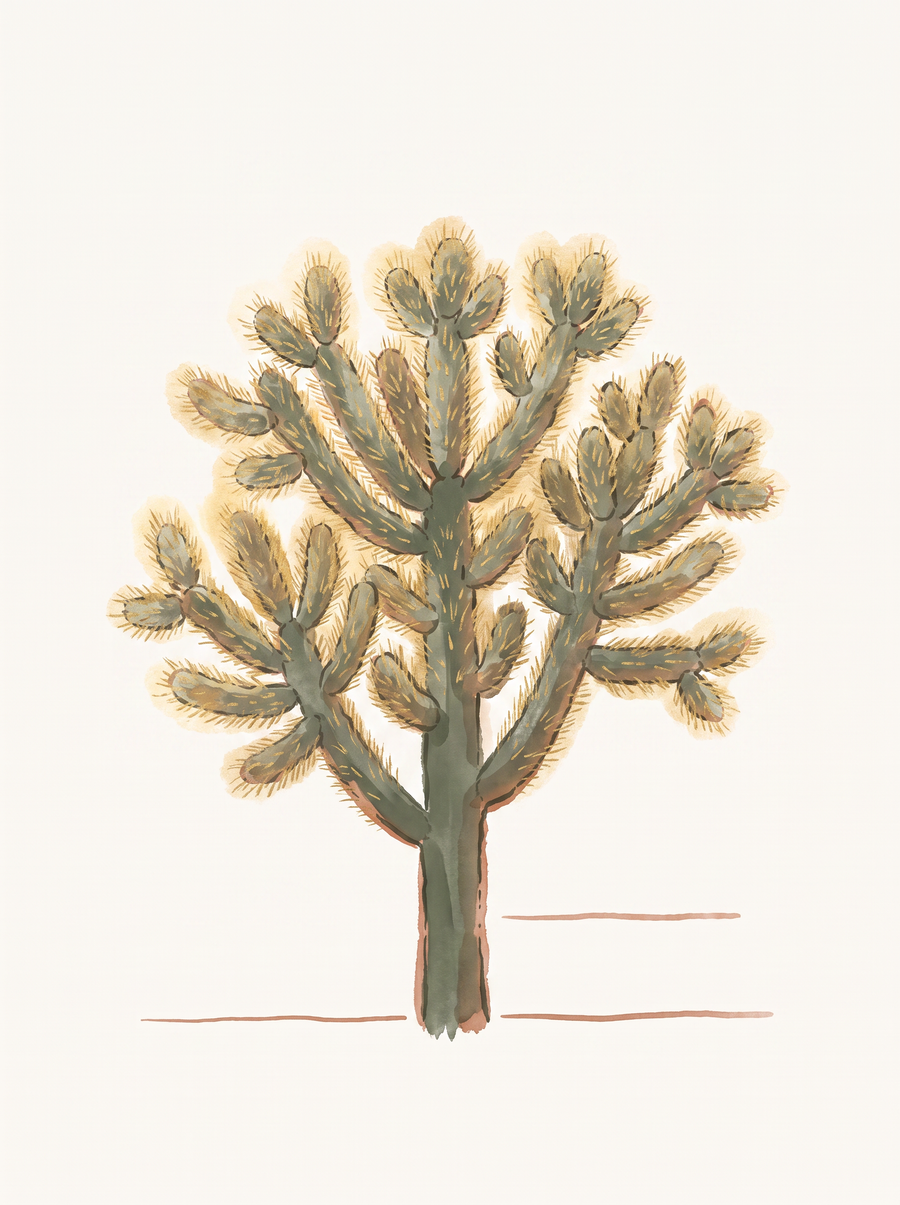 Illustration of a teddy bear cholla — a small tree-form cactus with a dark trunk and glowing gold-spined branching segments.