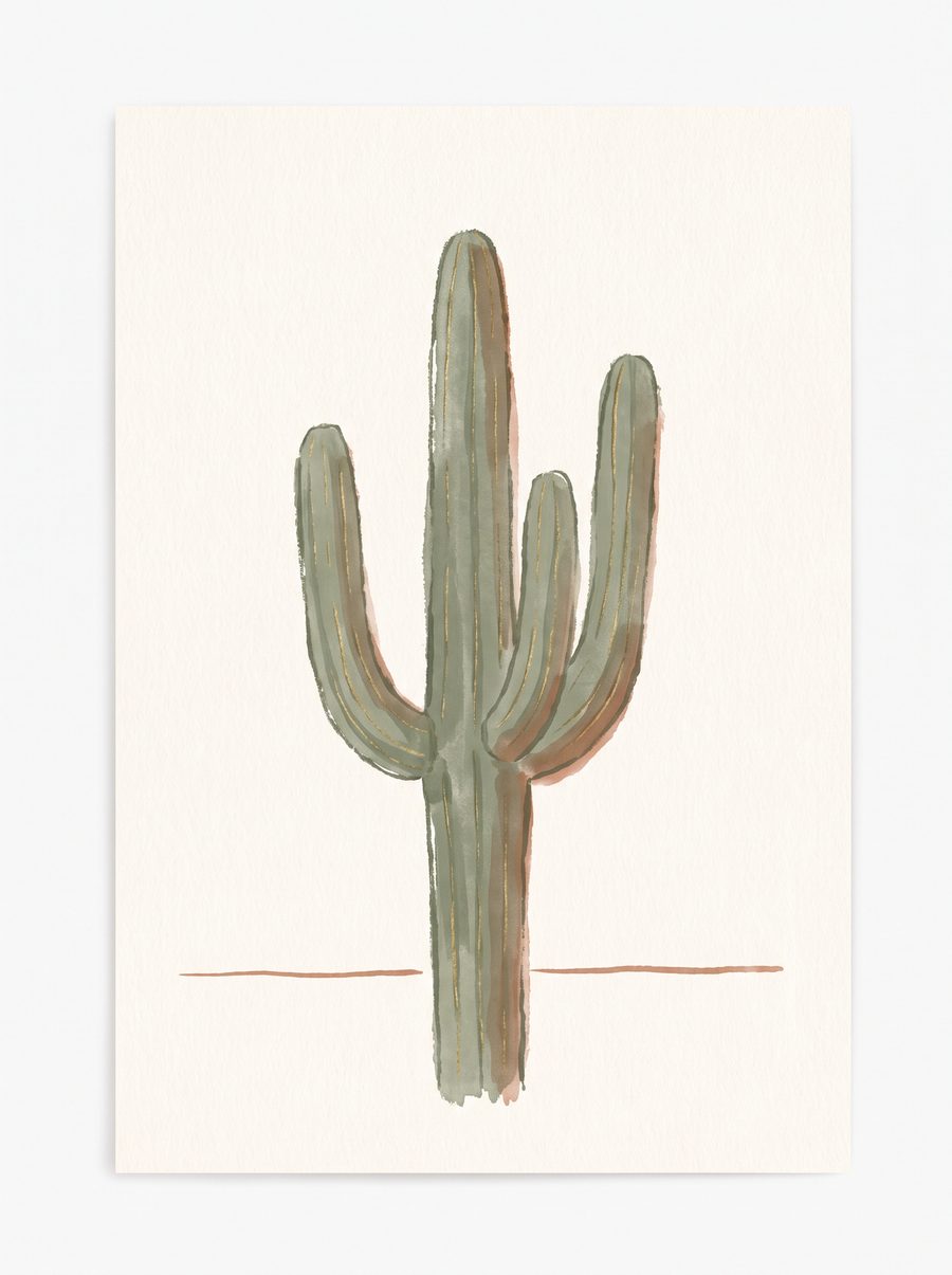 Illustration of a mature saguaro cactus with three arms in cream, sage, terracotta, and gold.