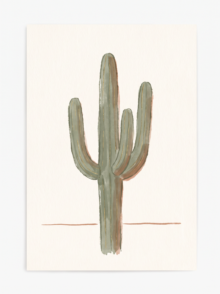 Illustration of a mature saguaro cactus with three arms in cream, sage, terracotta, and gold.