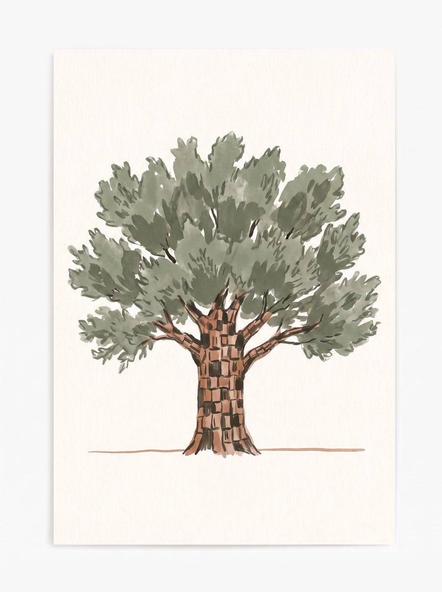 Illustration of an alligator juniper — a spreading sage-green tree with a checkered plate-patterned trunk resembling alligator hide.