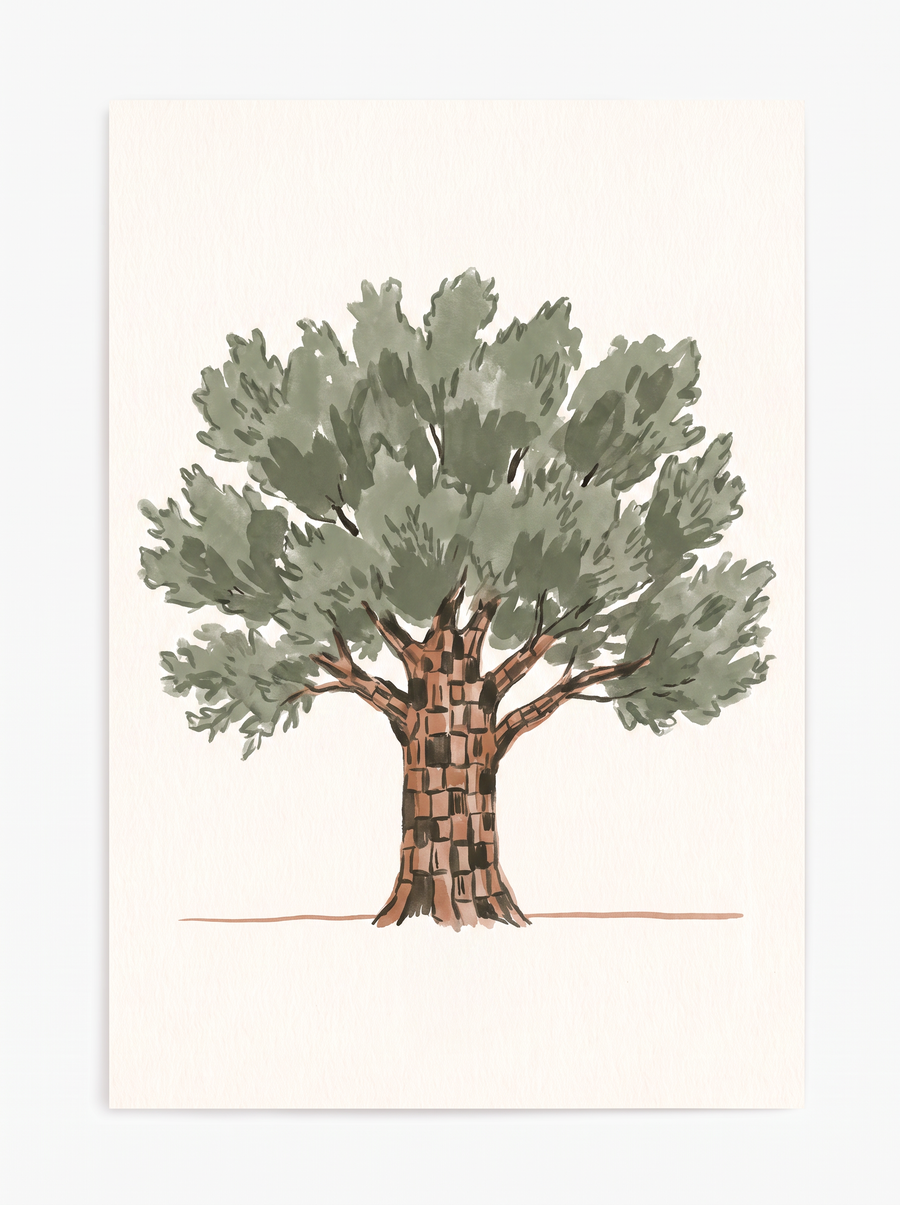 Illustration of an alligator juniper — a spreading sage-green tree with a checkered plate-patterned trunk resembling alligator hide.