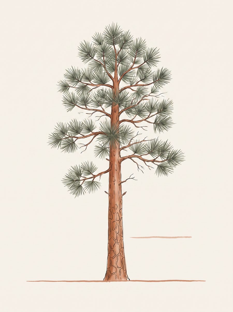 Illustration of a tall ponderosa pine with an orange-cinnamon plated trunk and long three-needle bundles.