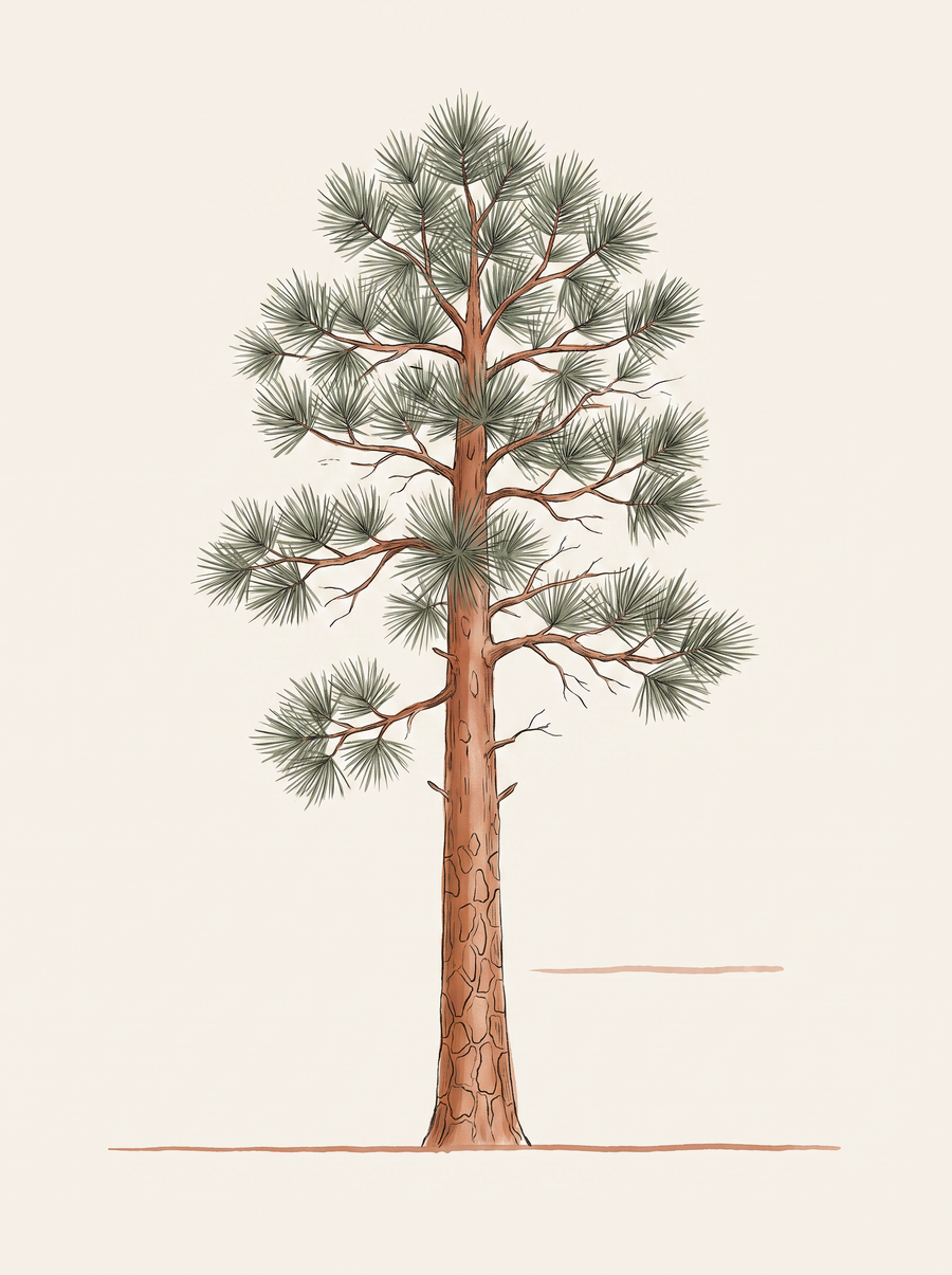 Illustration of a tall ponderosa pine with an orange-cinnamon plated trunk and long three-needle bundles.
