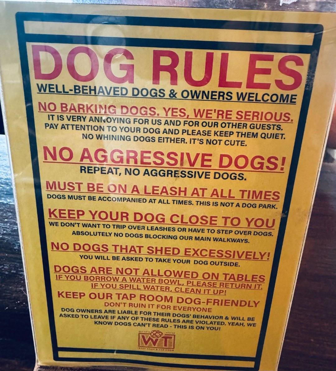 Framed dog rules sign at The Wandering Tortoise: dogs must be well-behaved, leashed at all times, and cannot be on furniture. Owners are responsible for their dog and any damage.